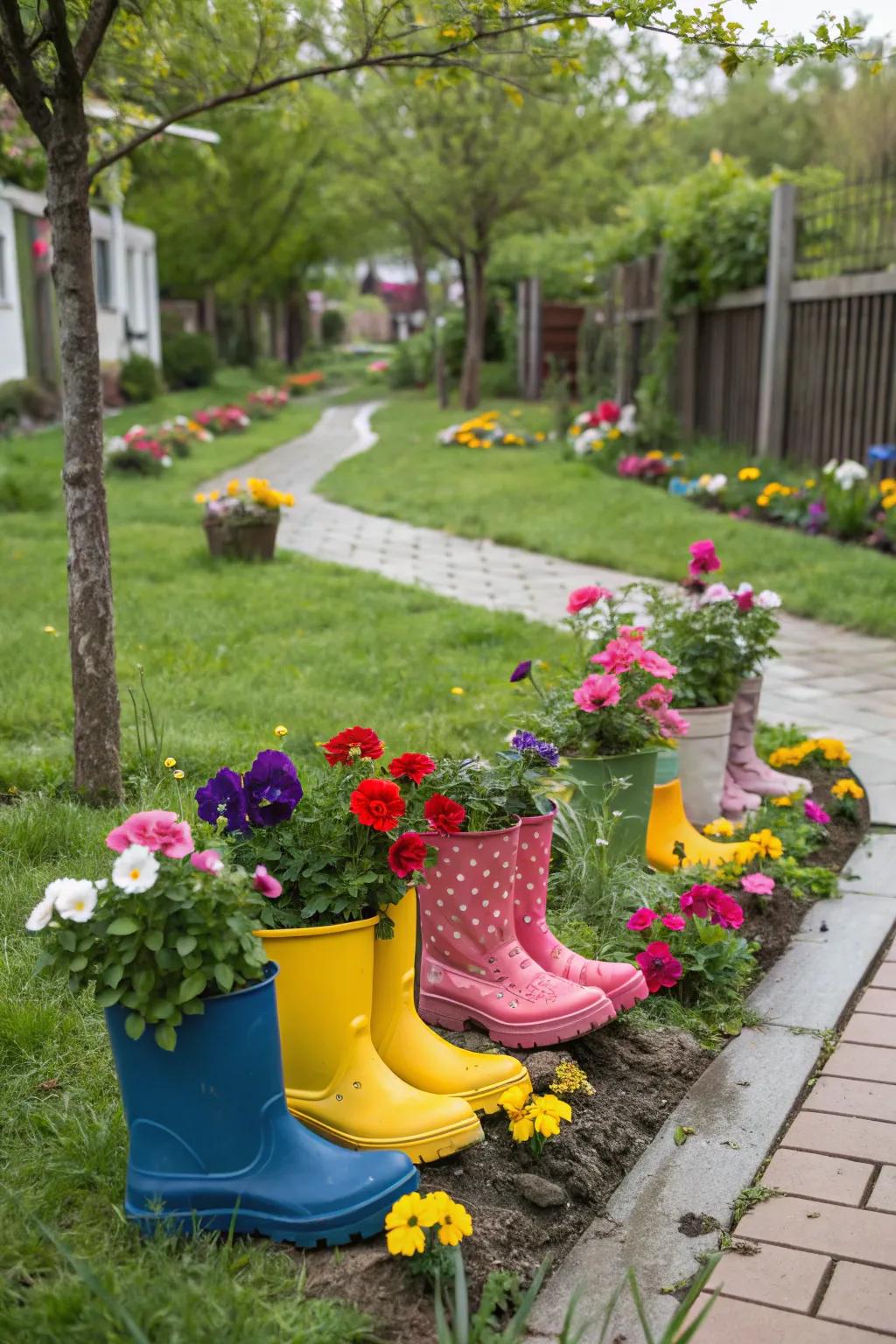 Aged precipitation boots make for eccentric and charming flora vessels.