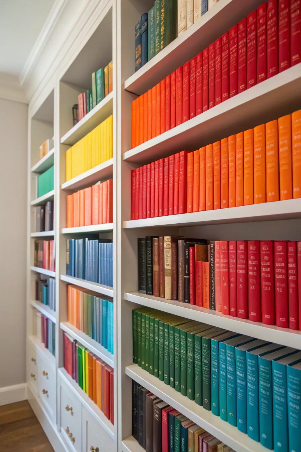 Color-coordinated bookshelves create a striking visual impact.