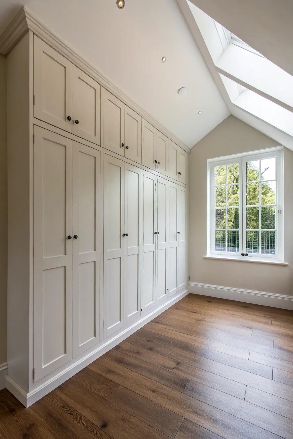 Floor-to-ceiling wardrobes make the most of high ceilings.