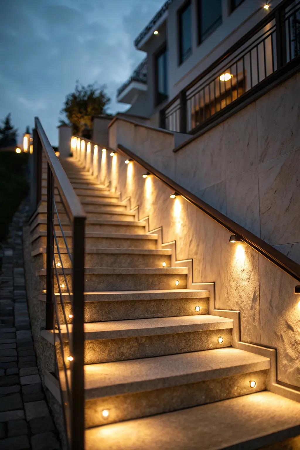 The inviting lights highlight a stair bulkhead feature.