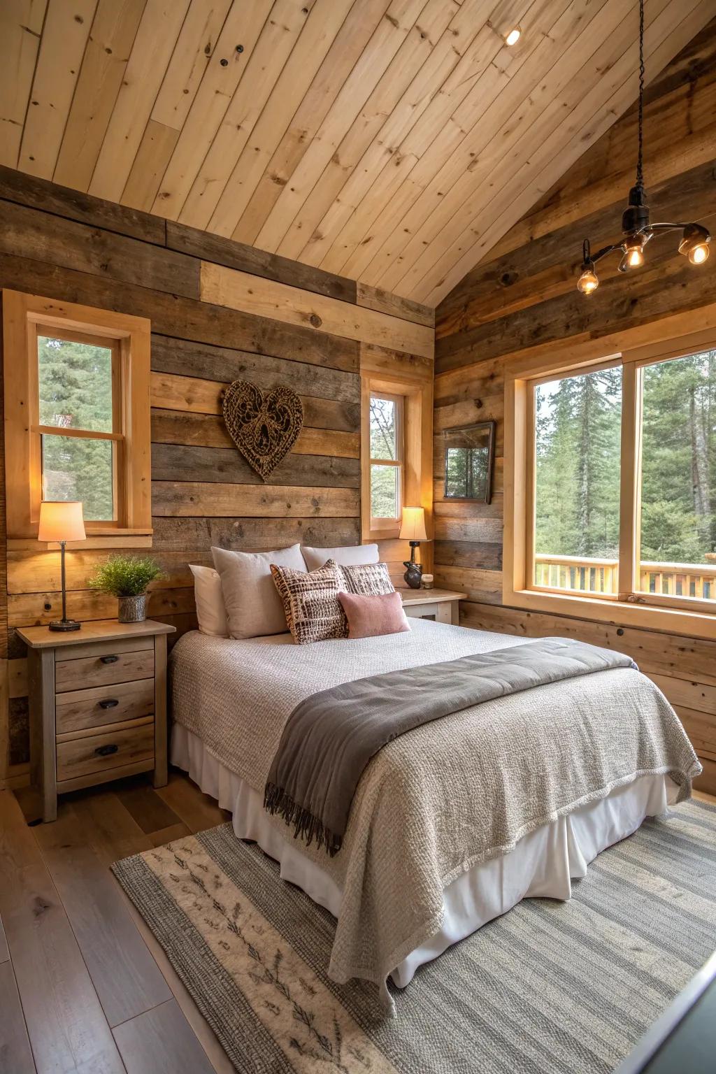 A cabin bedroom featuring an accent wall of reclaimed wood.