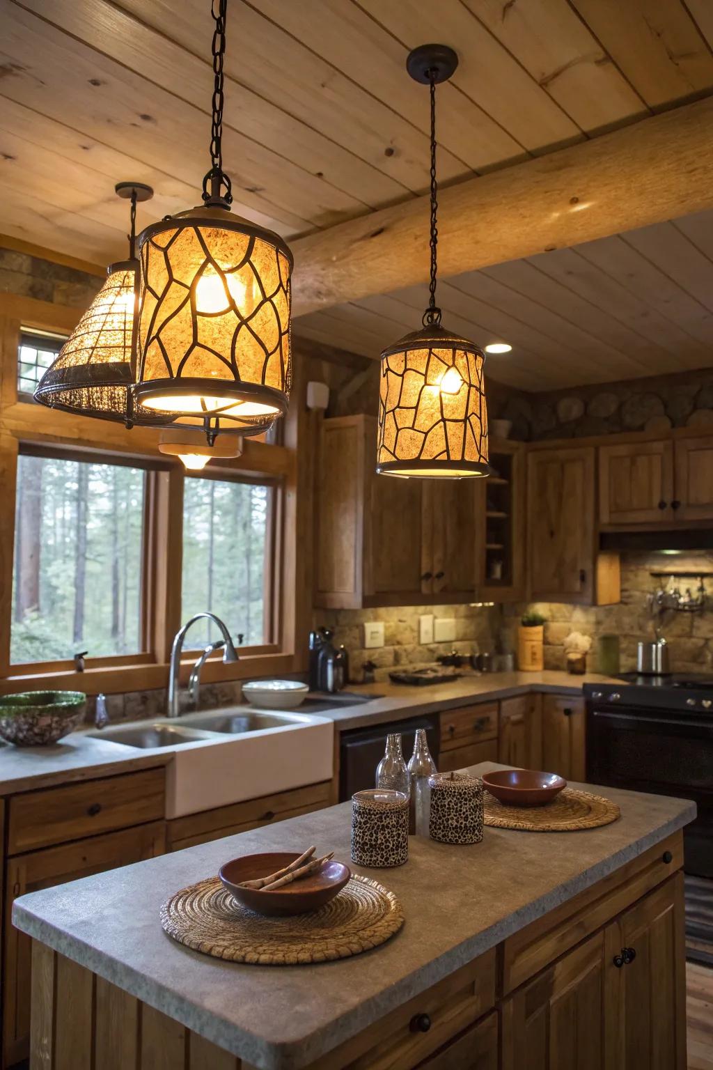 Distinct lighting fixtures contribute character to a log cabin kitchen.