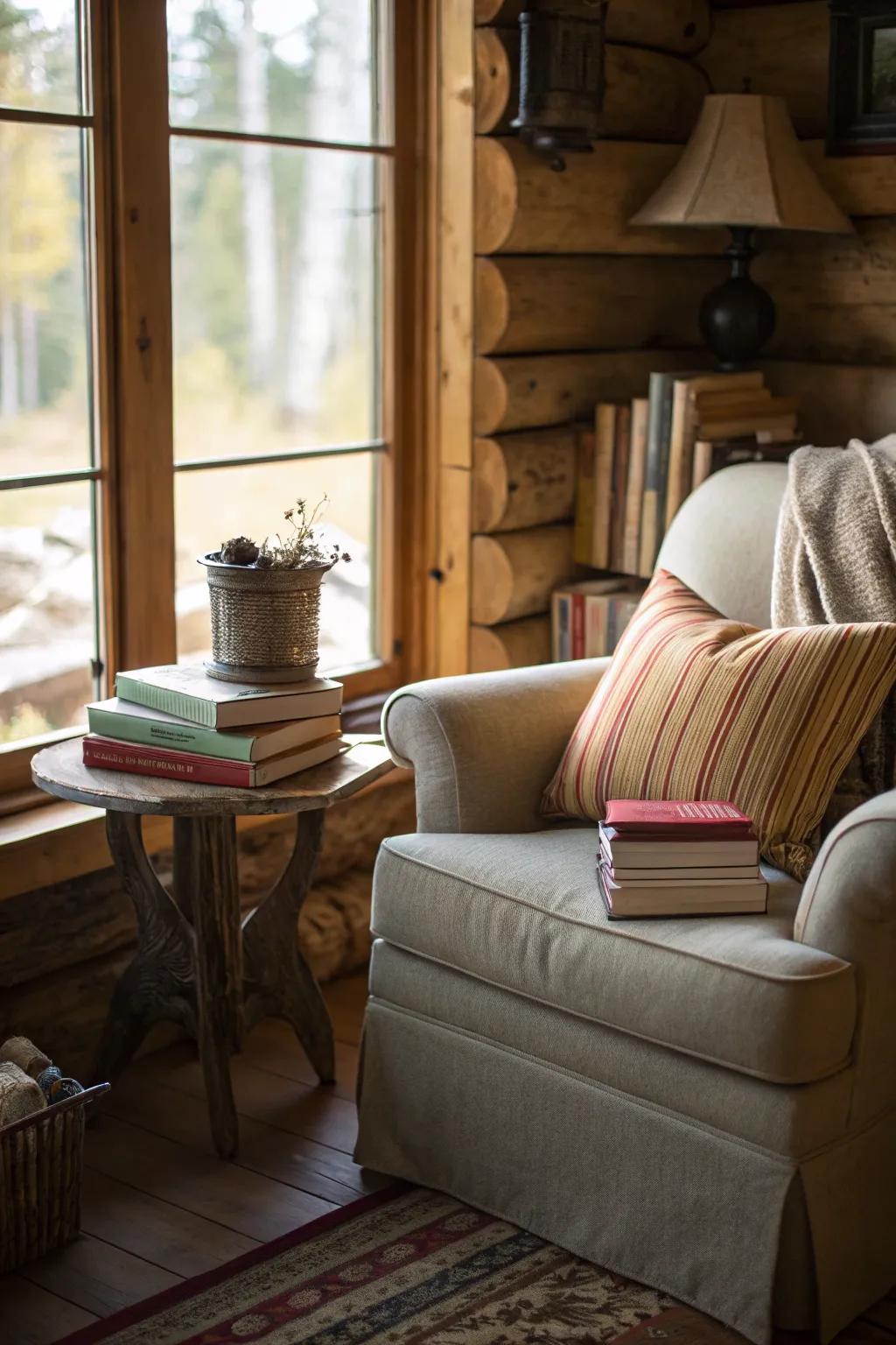 A snug reading corner by the pane offers a perfect escape.