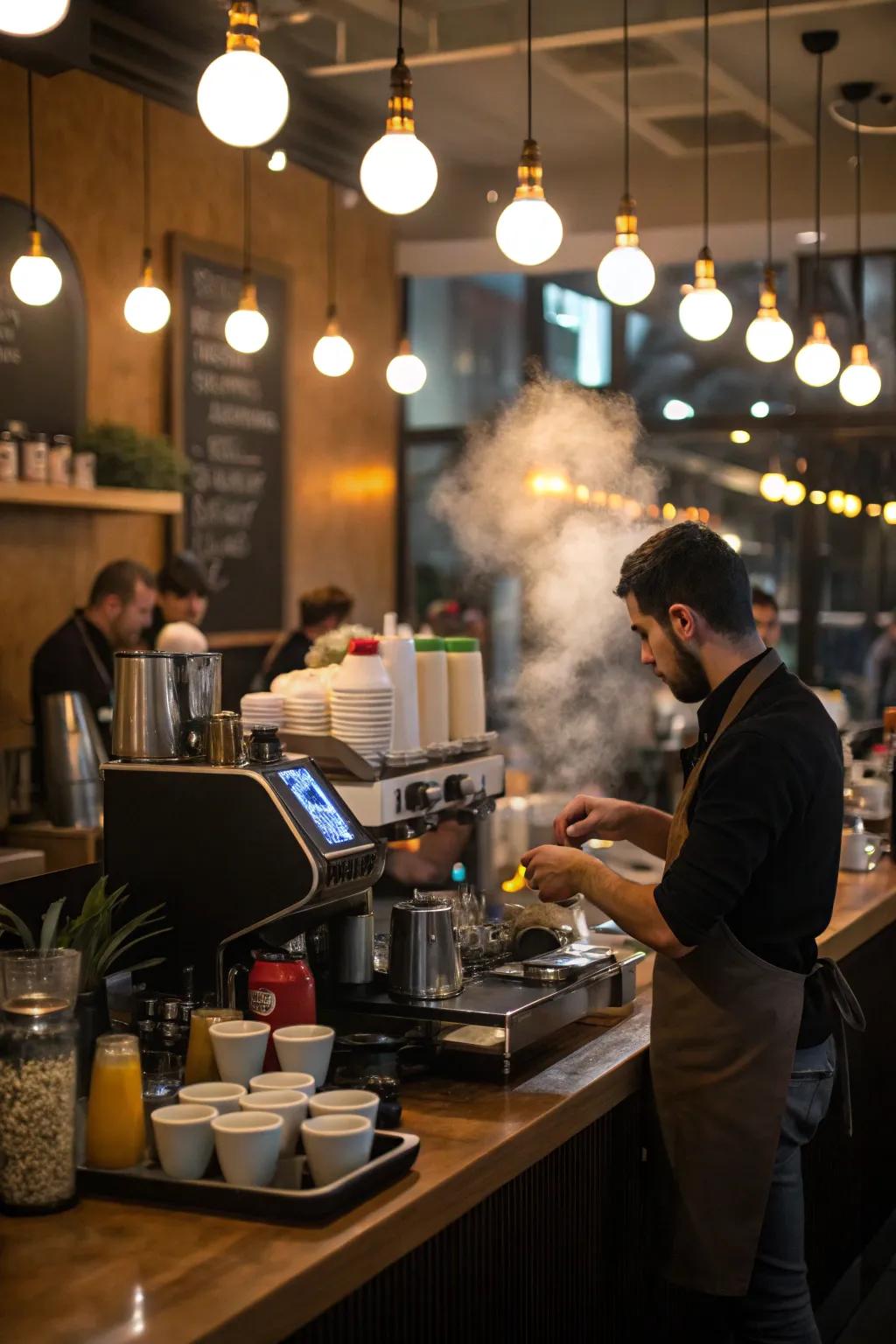 A café barista station is equipped with brilliant job illumination for efficiency.