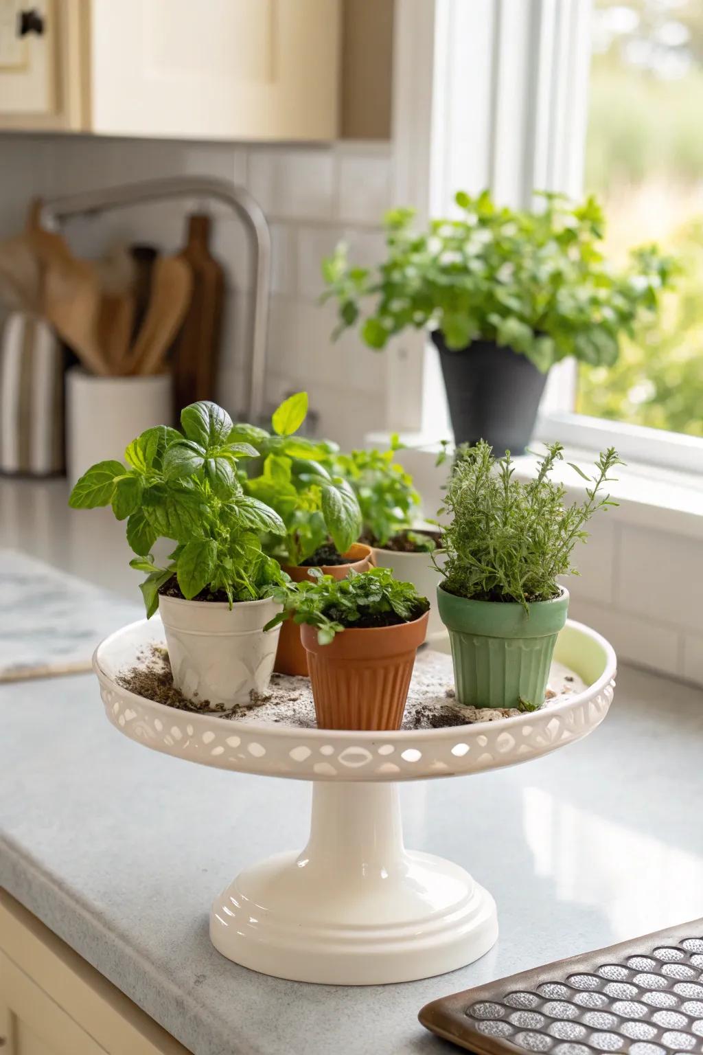 A miniature herb garden atop a cake stand introduces both greenery and practicality to your kitchen.
