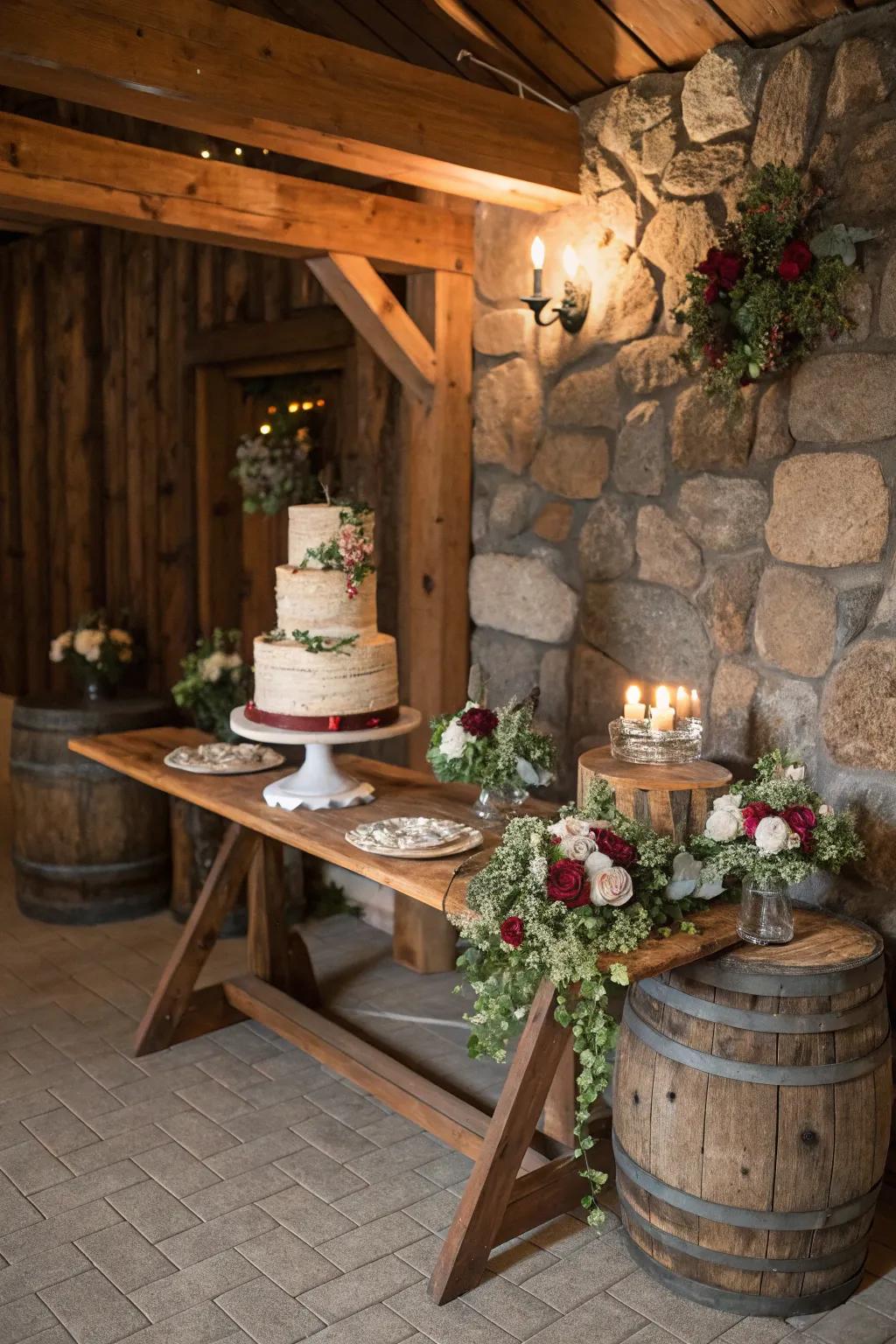 A cake display featuring elements found in nature, injecting warmth and texture to the setup.