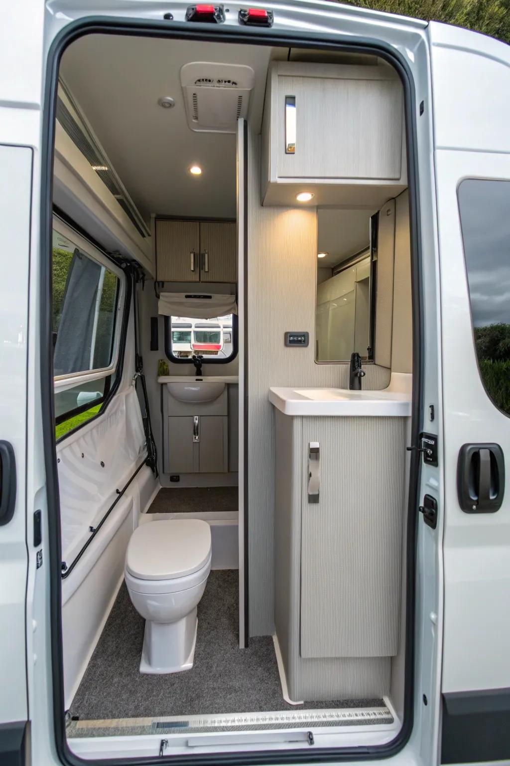 Mirrored surfaces in a camper van bathroom enhancing spaciousness.