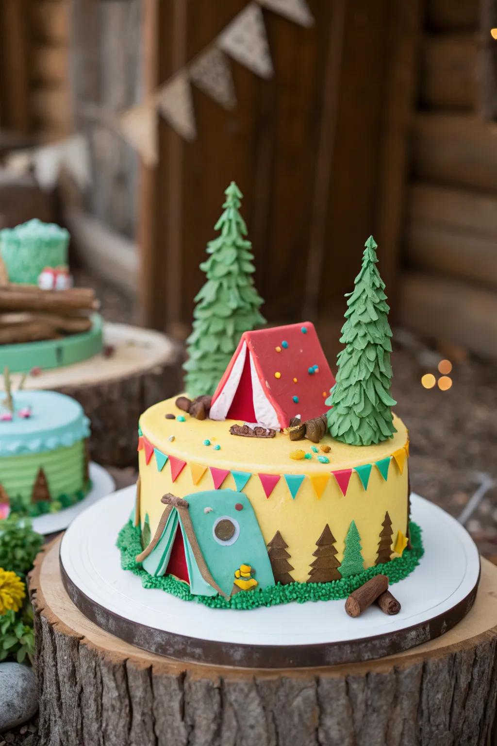 A meticulously conceived cake reflecting a camping motif.
