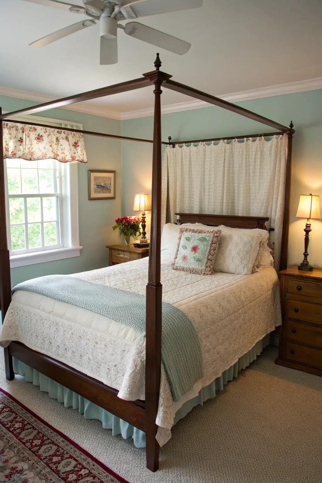 A half tester four-poster furnishes elegance without dominating the area.