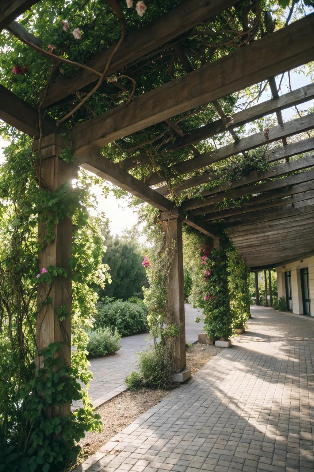 A pergola-style carport, adding charm and natural beauty to the setting.