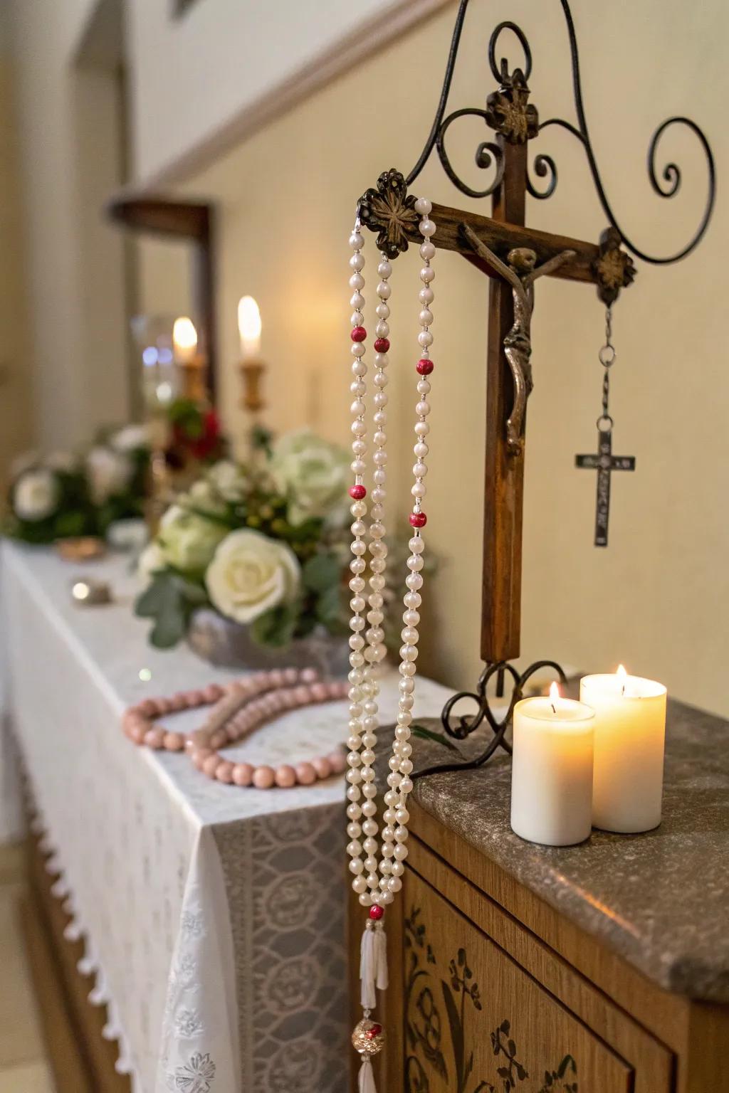 A rosary display fosters frequent prayer and contemplation.