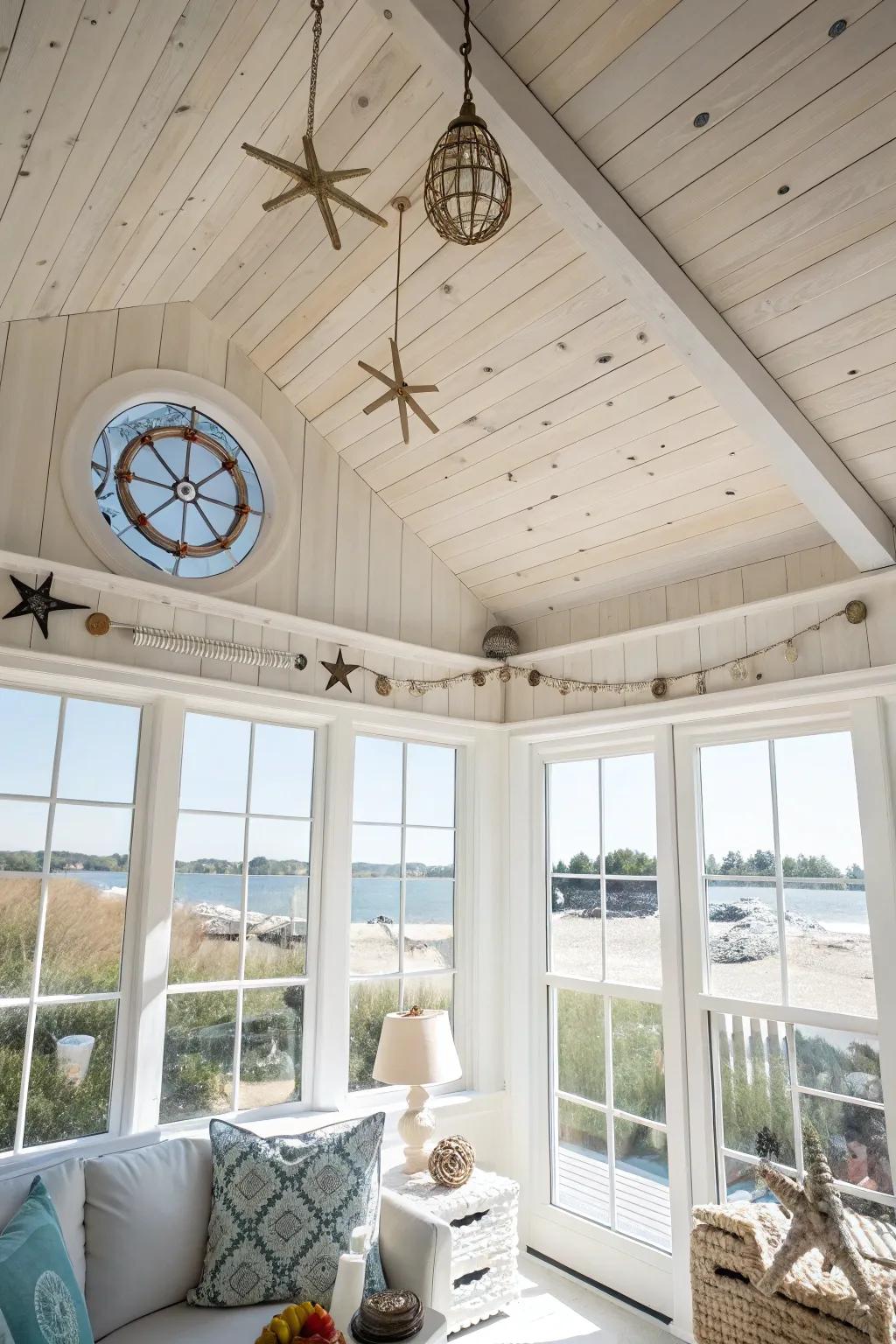 A luminous room showcased a white cedar ceiling, perfect for a coastal atmosphere.