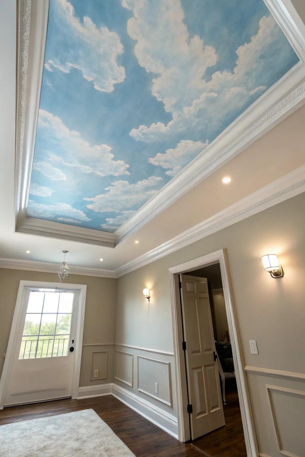 A ceiling sketched exhibiting a celestial panorama, imbuing whimsy and openness.