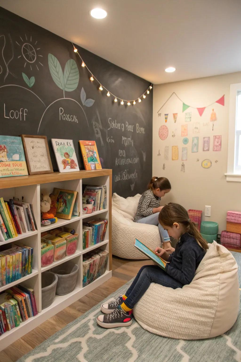 A slateboard wall complements a pleasant reading area.