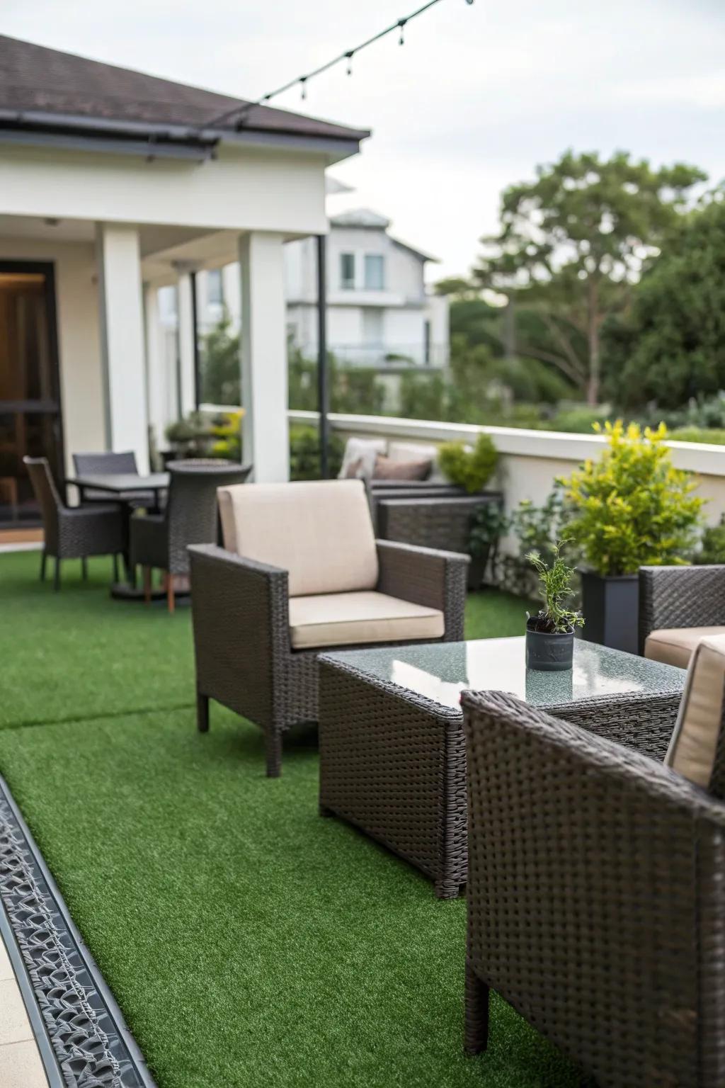 A lush, low-maintenance patio featuring simulated turf.