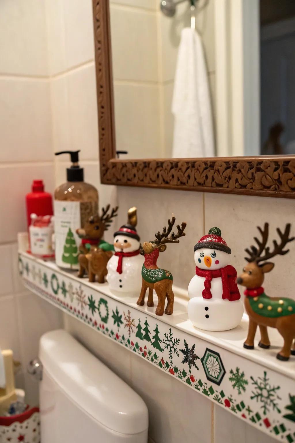 Christmas statuettes bring a whimsical touch to your bathroom decor.