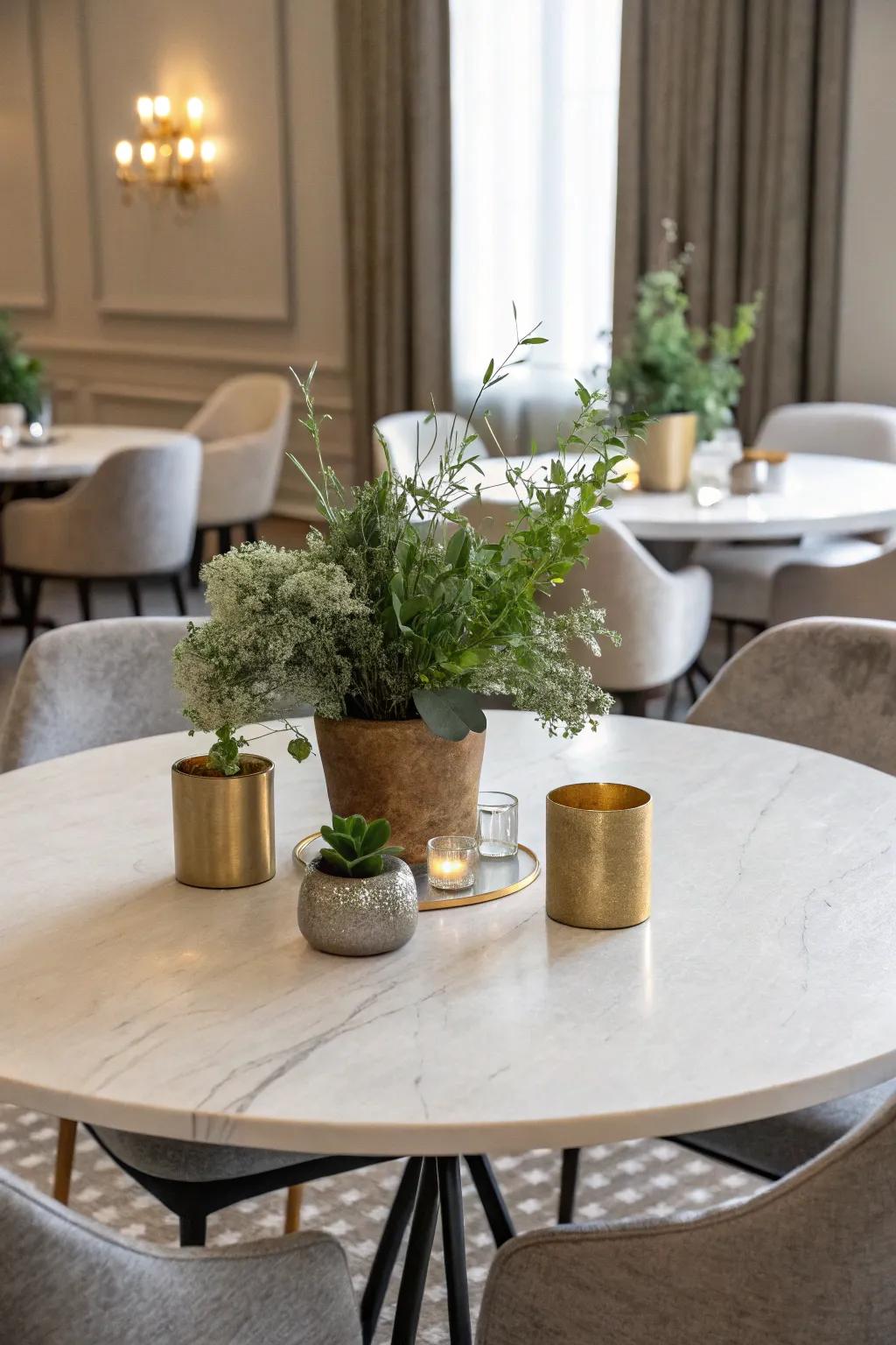 Minimalist refinement encompassing unassuming verdant elements and metallics.
