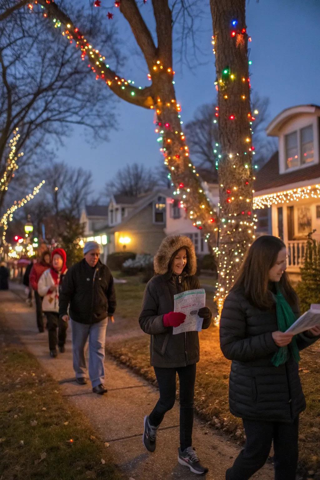 A cheerful Yuletide light treasure quest exploring the neighborhood's festive displays.
