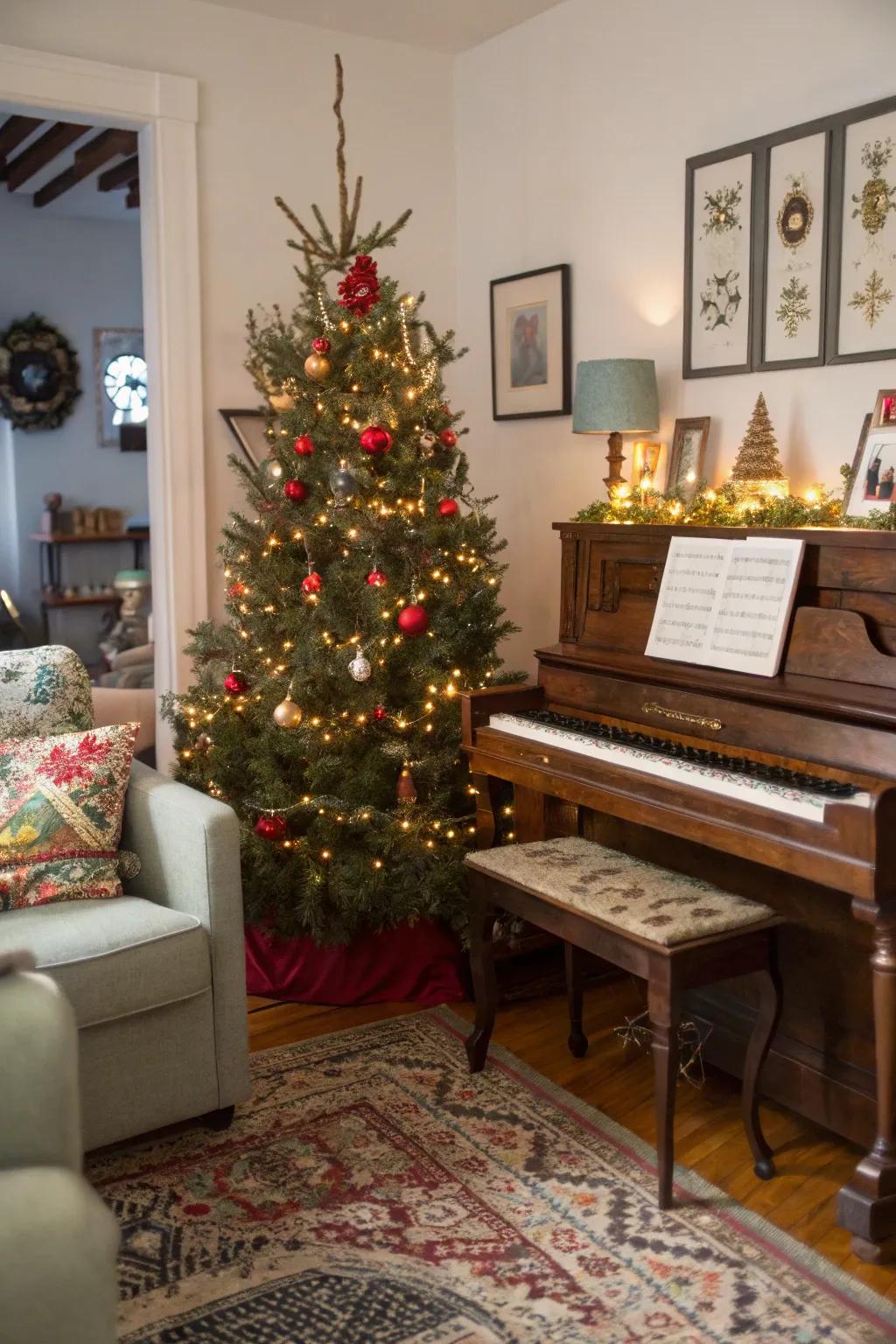 A piano bench introduces elevation and uniqueness to your tree.