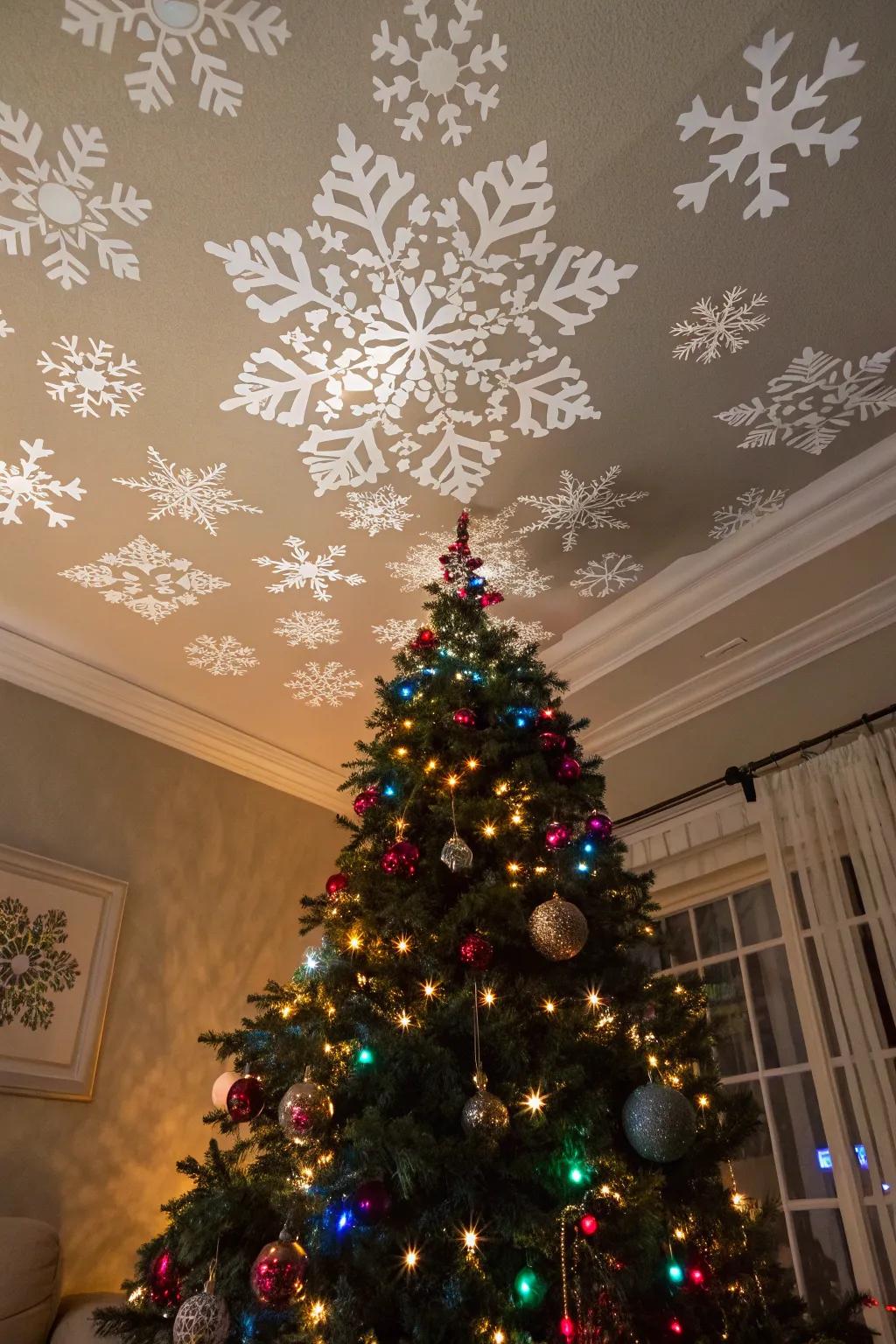A snowflake projector crafts a magical winter spectacle.