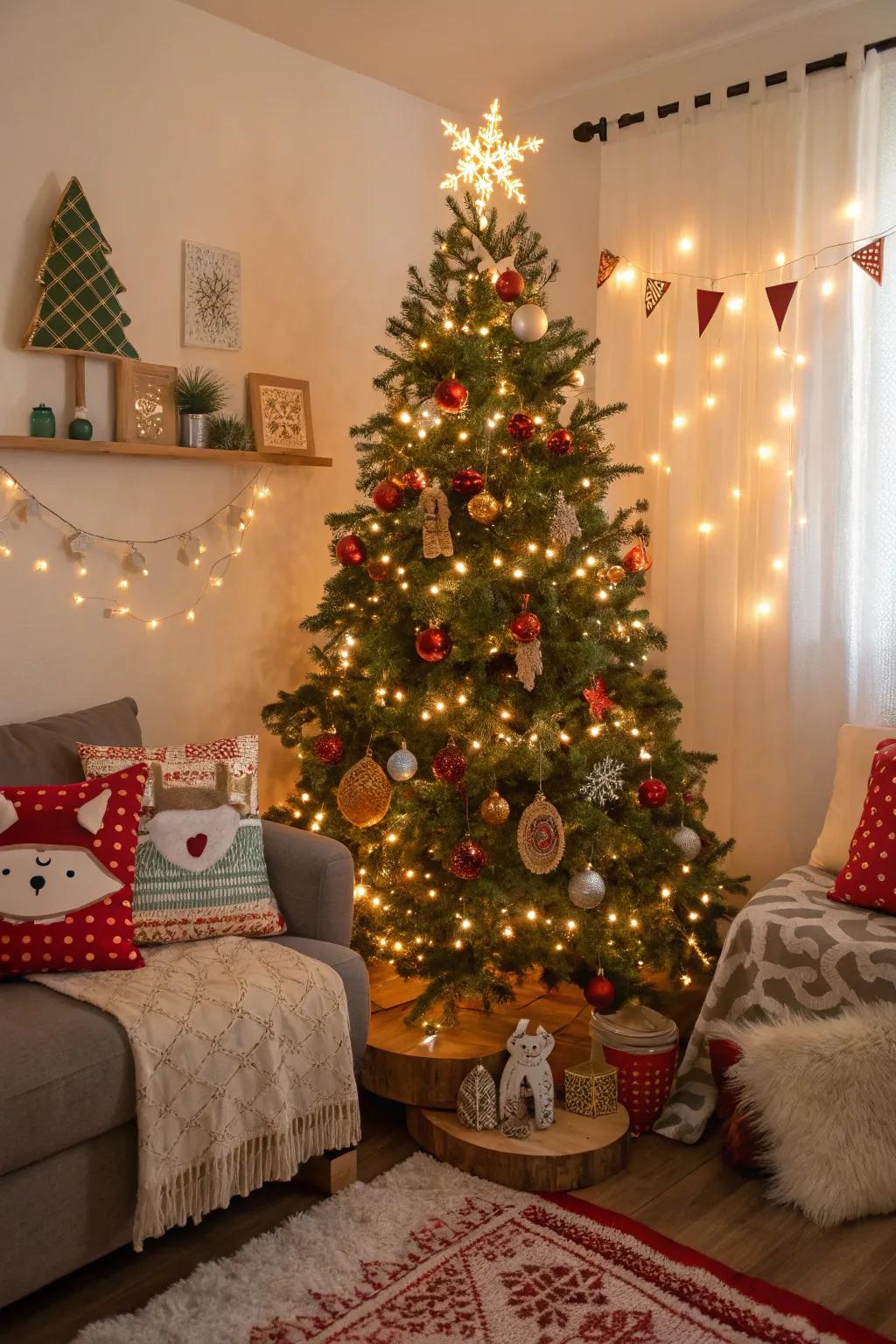 A playful Christmas tree showcasing whimsical forest ornaments and vibrant colored lights, introducing charm to the holidays.