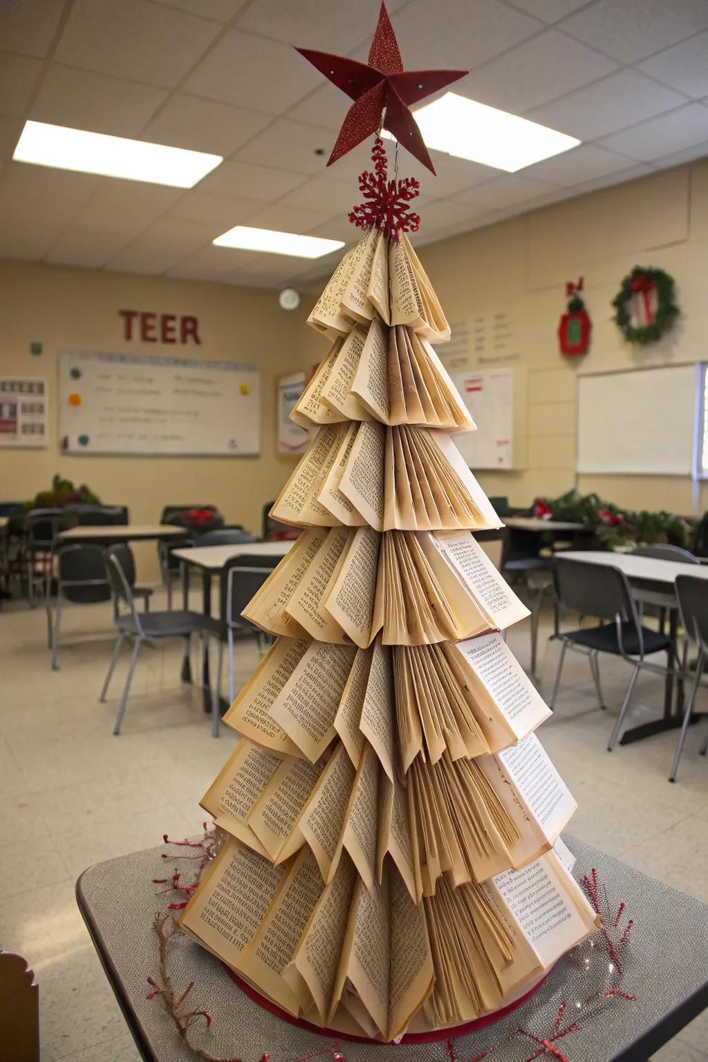 A literary-inspired holiday tree fashioned from book pages