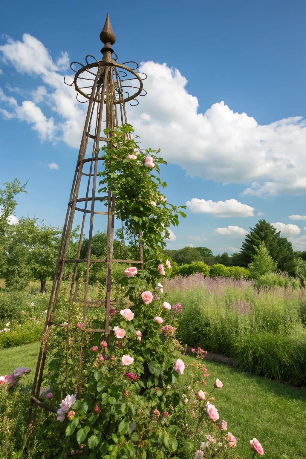 Add height and elegance with a rose-covered obelisk.