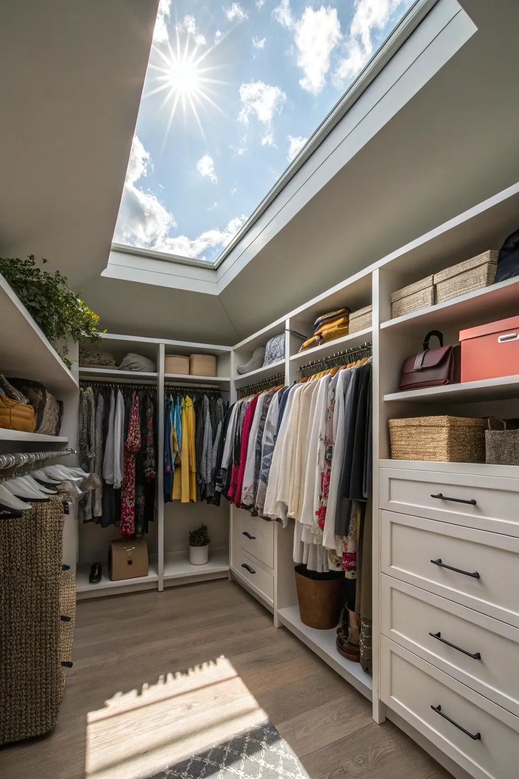An overhead window transforms your closet with sunlight, creating a vibrant area.