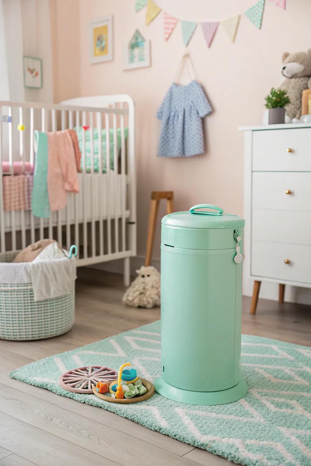 A vibrant diaper receptacle introduces a playful nuance to the nursery, while fulfilling a practical function.
