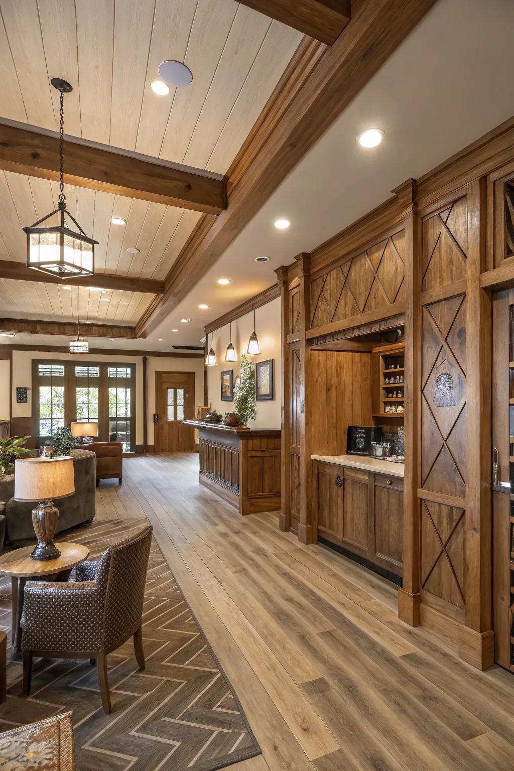 Varied timber treatments adding depth to a clubhouse interior.