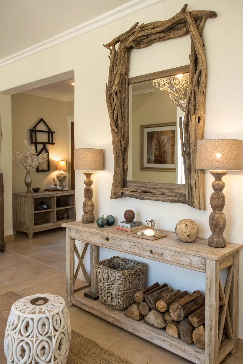 Driftwood embellishments injecting an unaltered coastal element.