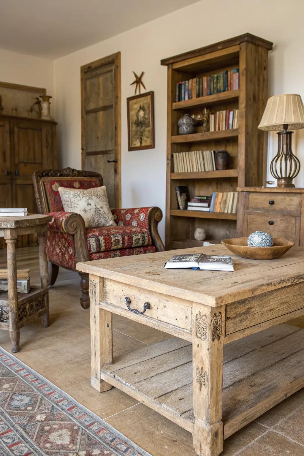 Aged surfaces contribute character and allure to coastal farmhouse interiors.