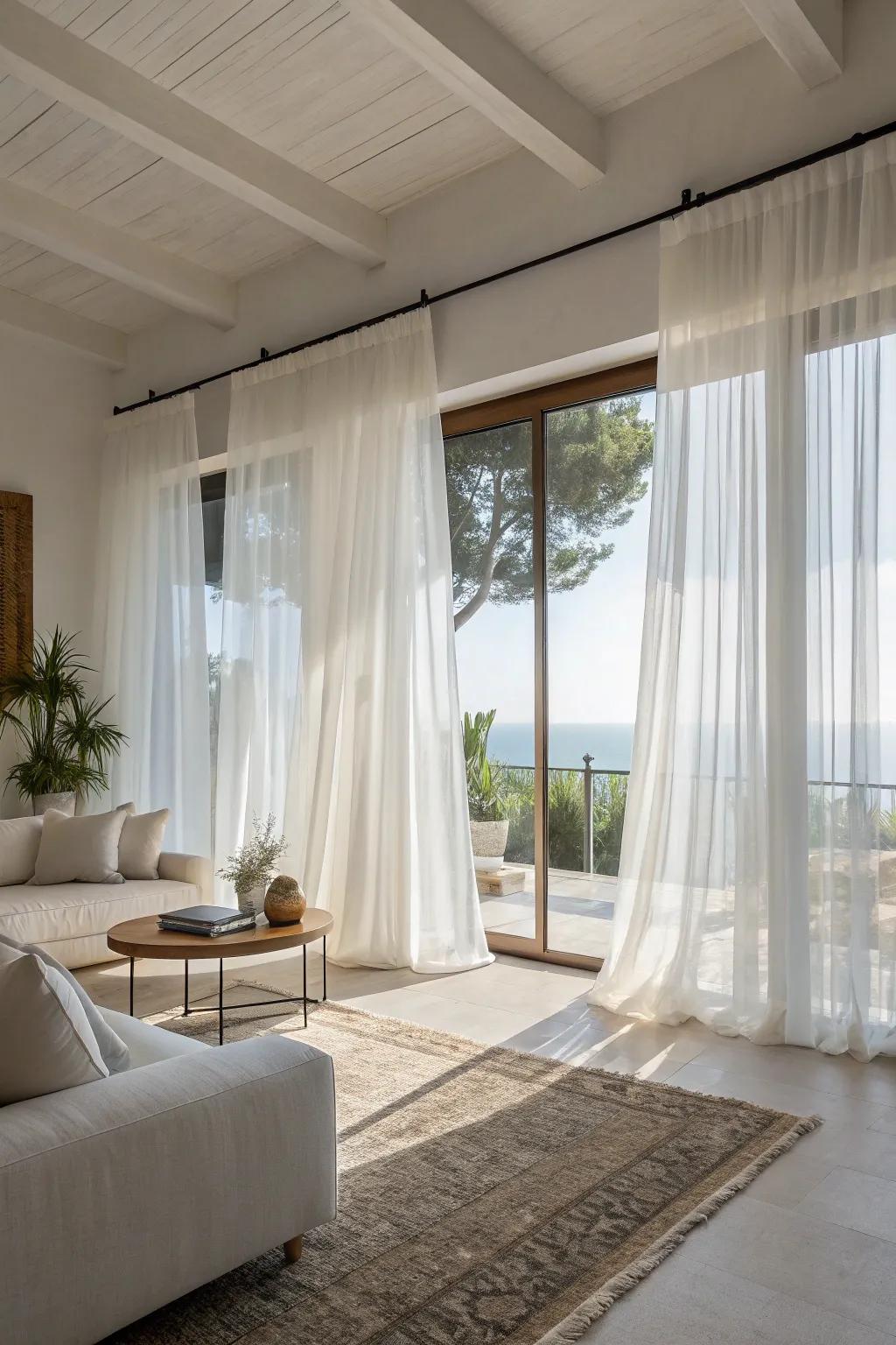 Sheer drapes fashion a breezy, coastal sensation.