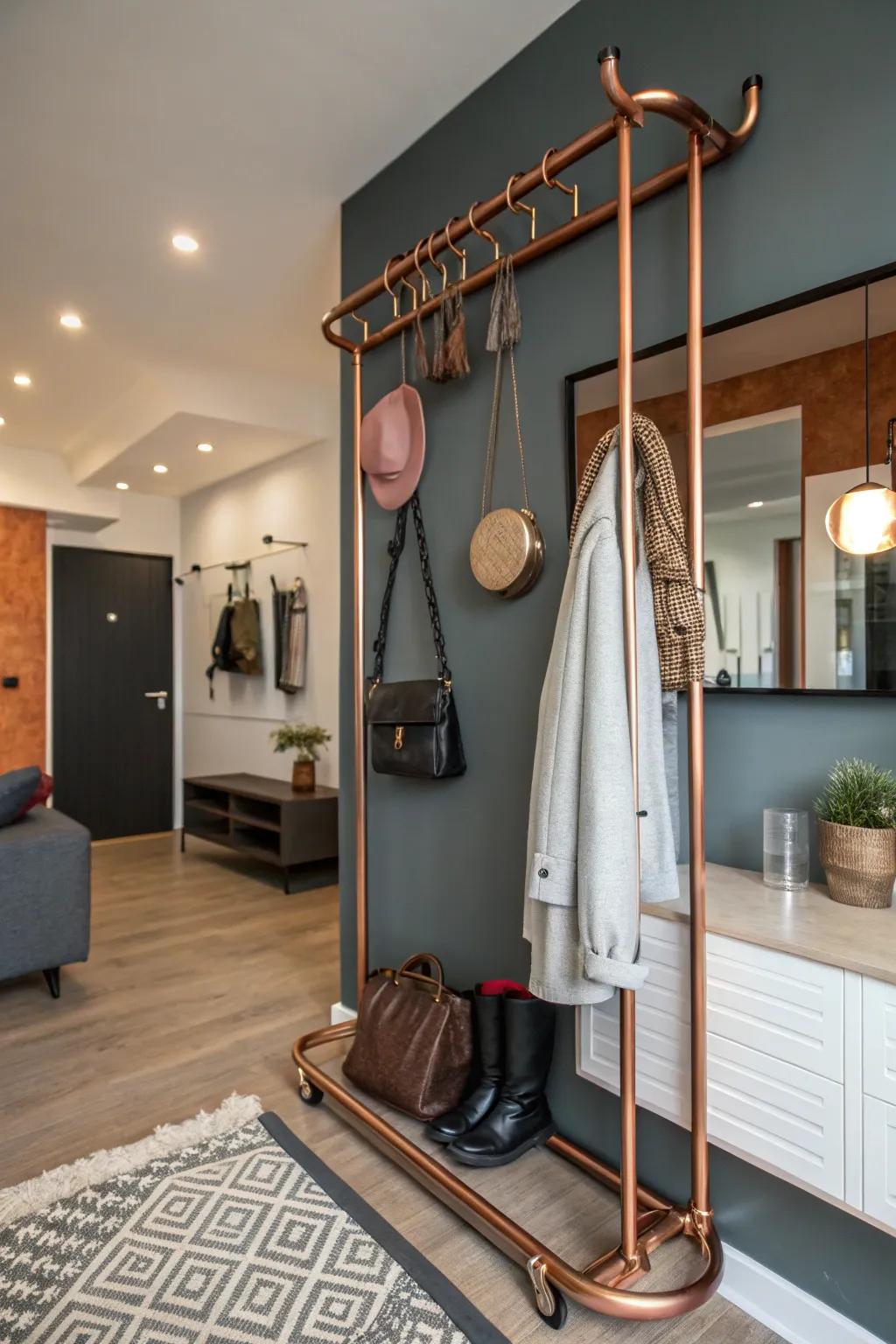A chic DIY coat rack crafted from copper pipes for a warm metallic touch.