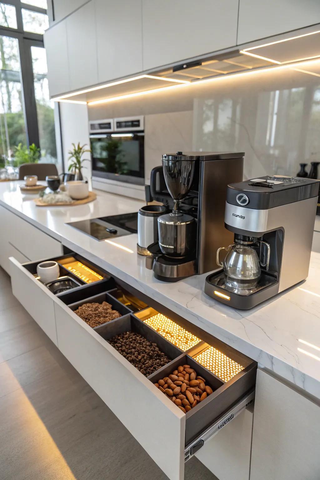 LED illumination incorporates practicality and ambiance into your coffee drawer.
