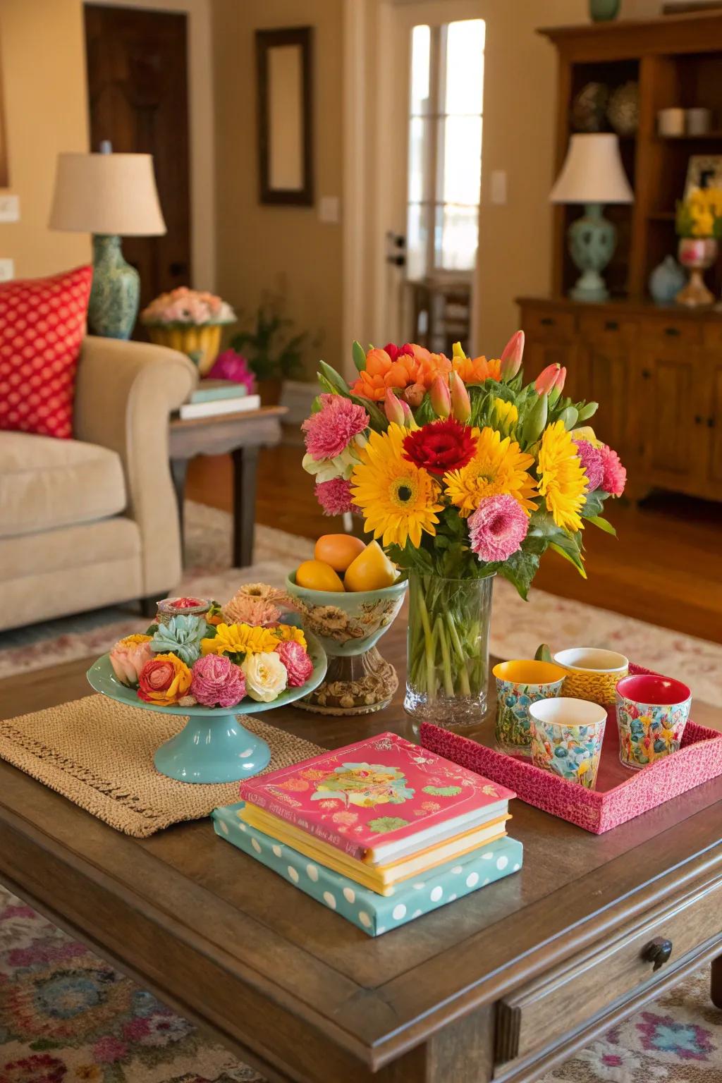 Your coffee table decor will become more vibrant and focused with a splash of color.