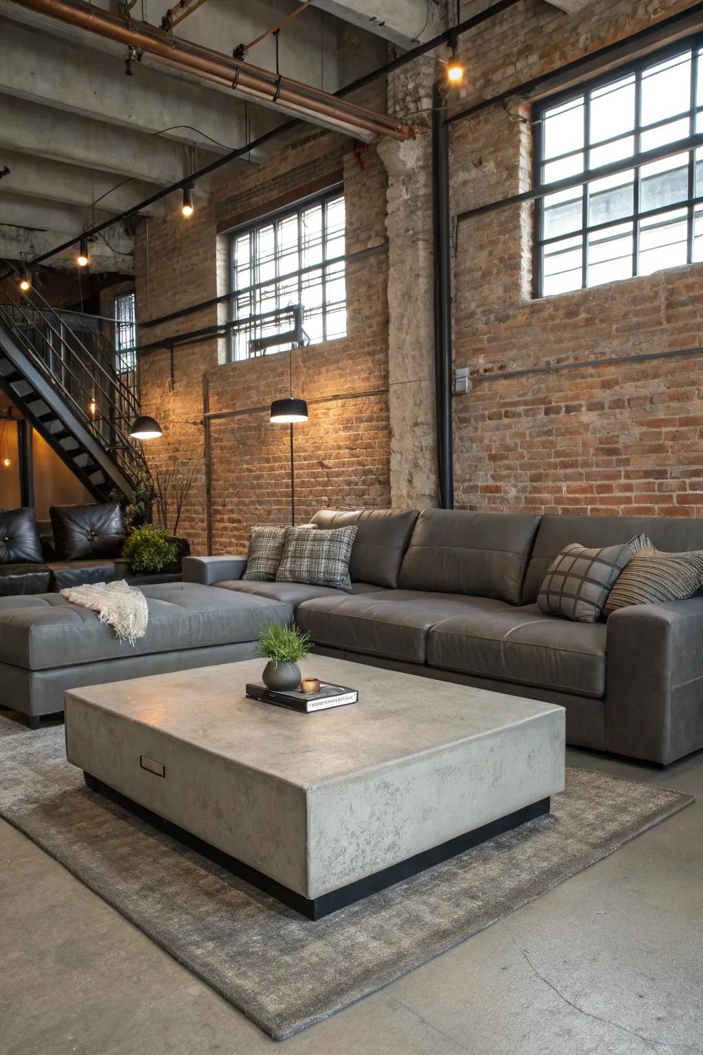 A concrete center table introduces an industrial edge to a cozy lounge.