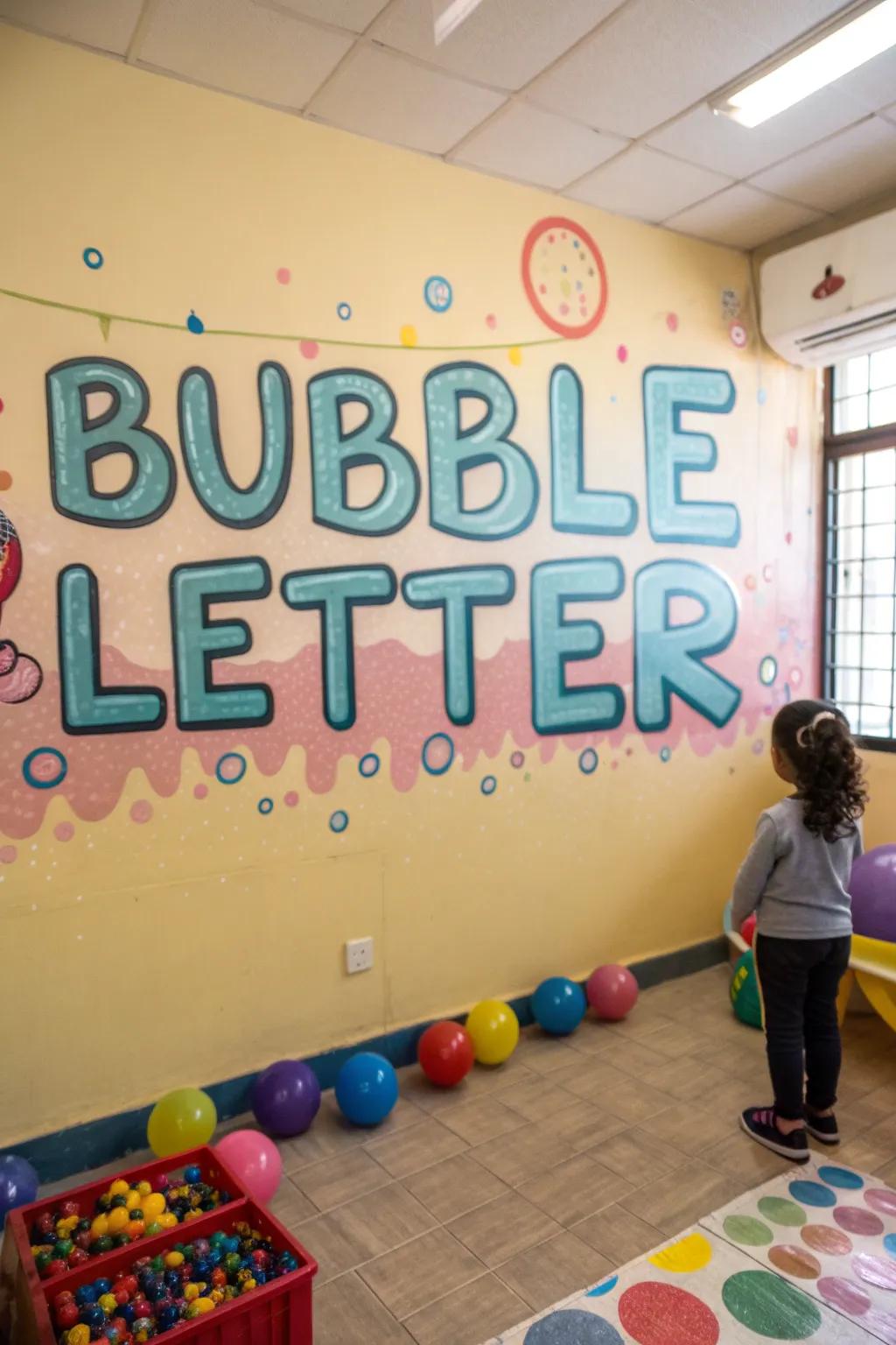A child's playroom adorned with playful rounded letter graffiti.