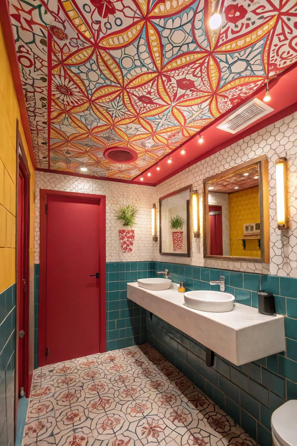 A bold patterned top introduces a surprising twist to this guest bathroom.