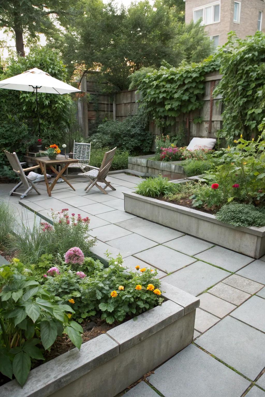 Integrate garden beds for a lush patio atmosphere.