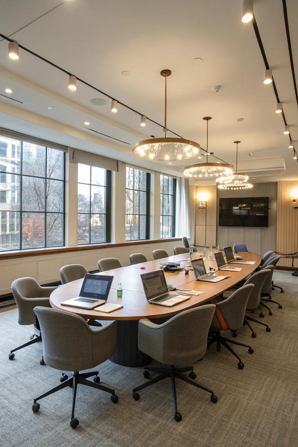 Oval tables are apt for collaborative and inclusive meetings.