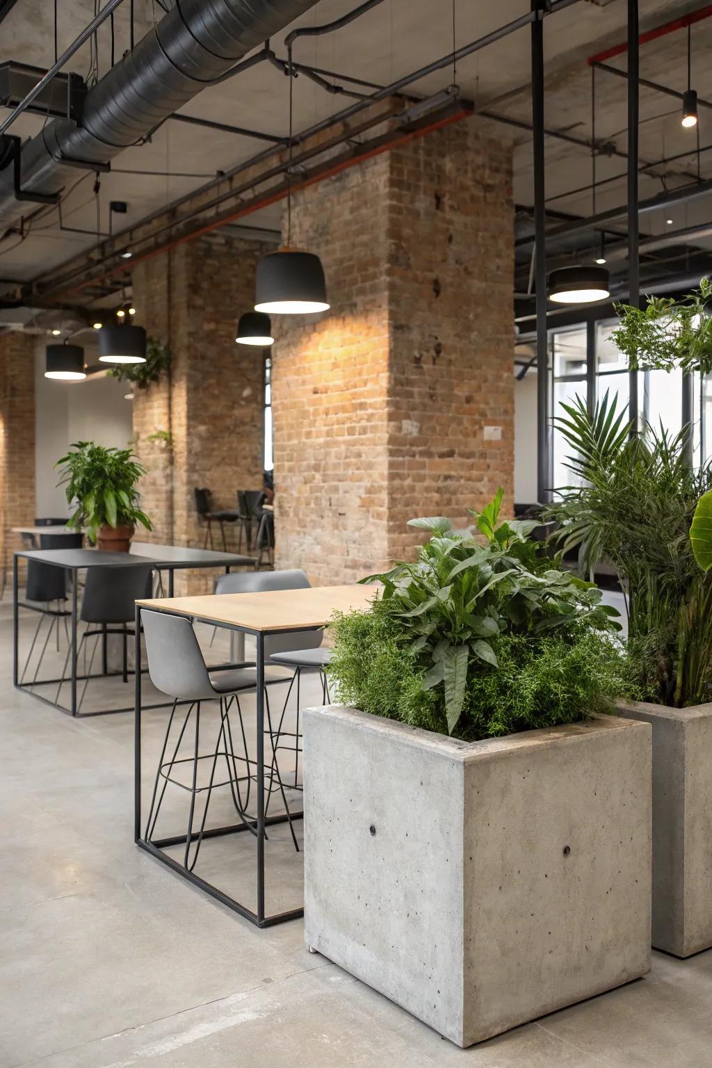 Concrete accents imparting a stark and robust touch to an office.