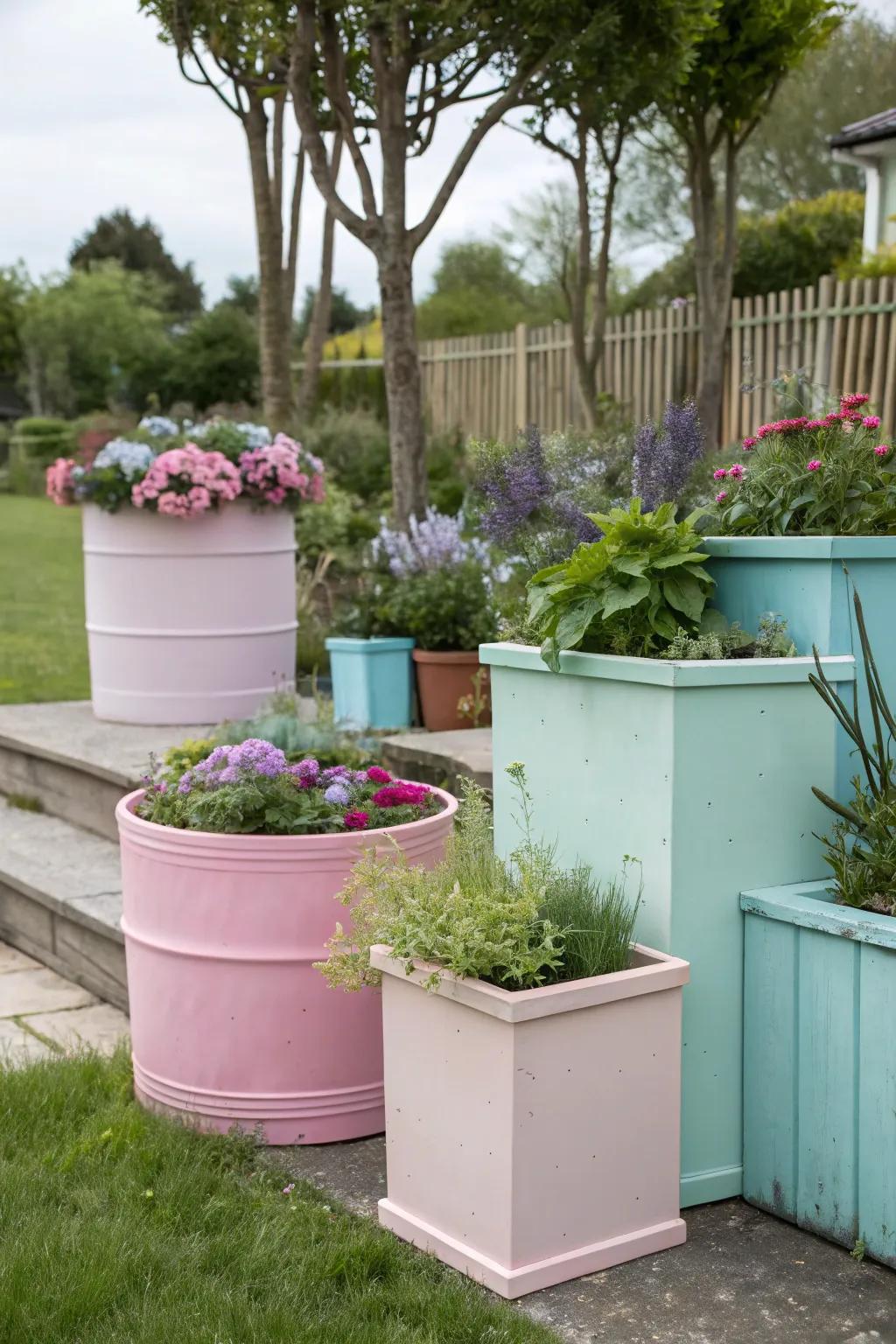 Colour-matched plant pot garden for a pleasant look.