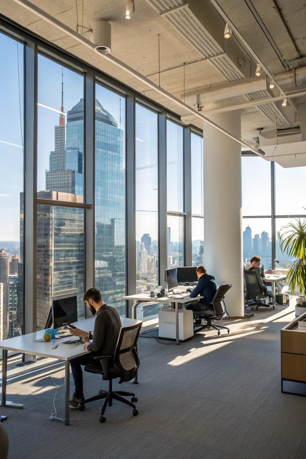 An office space brimming with ambient illumination from expansive windows.