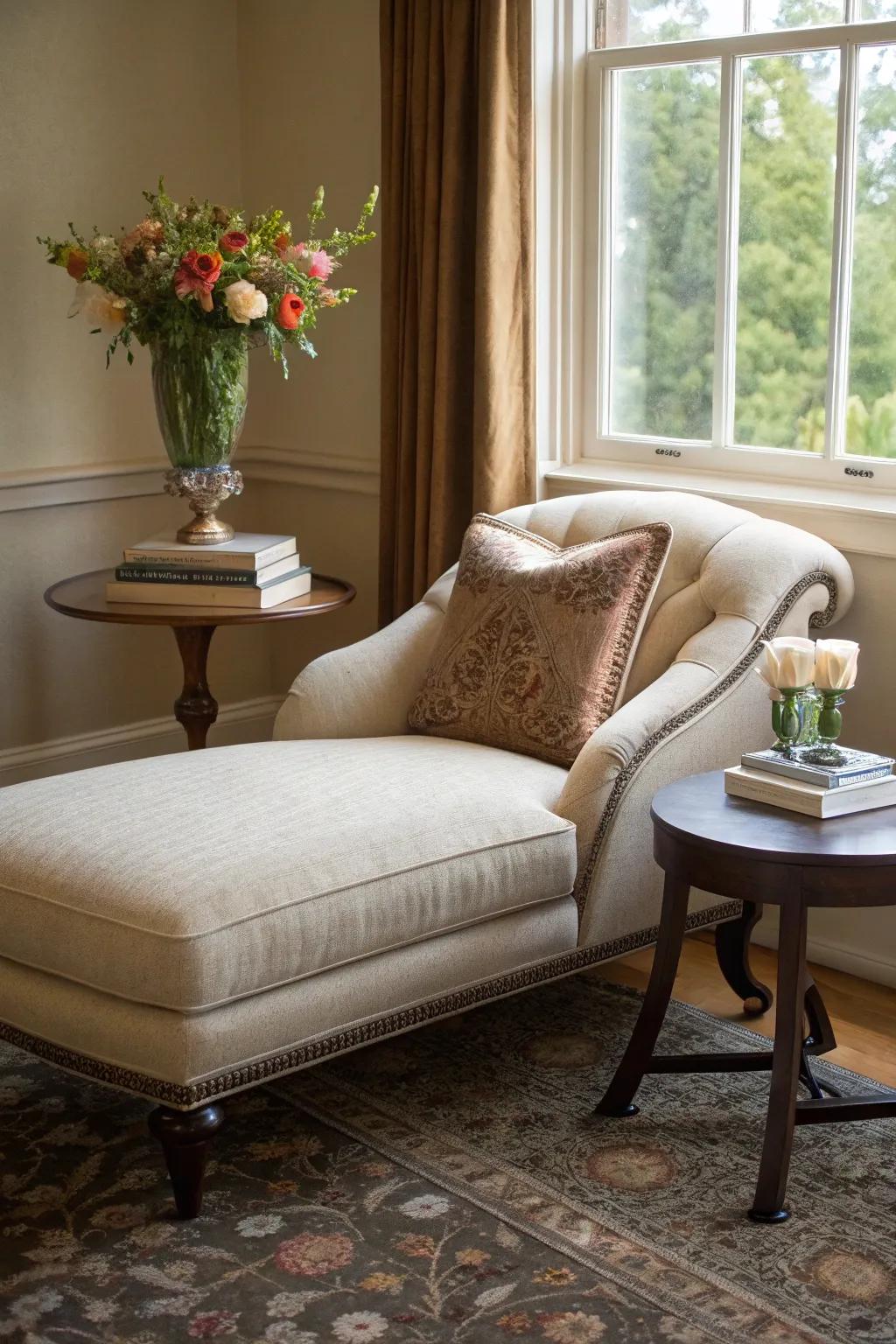 A chaise lounge extends a sophisticated and comfortable seating selection for the corner space.
