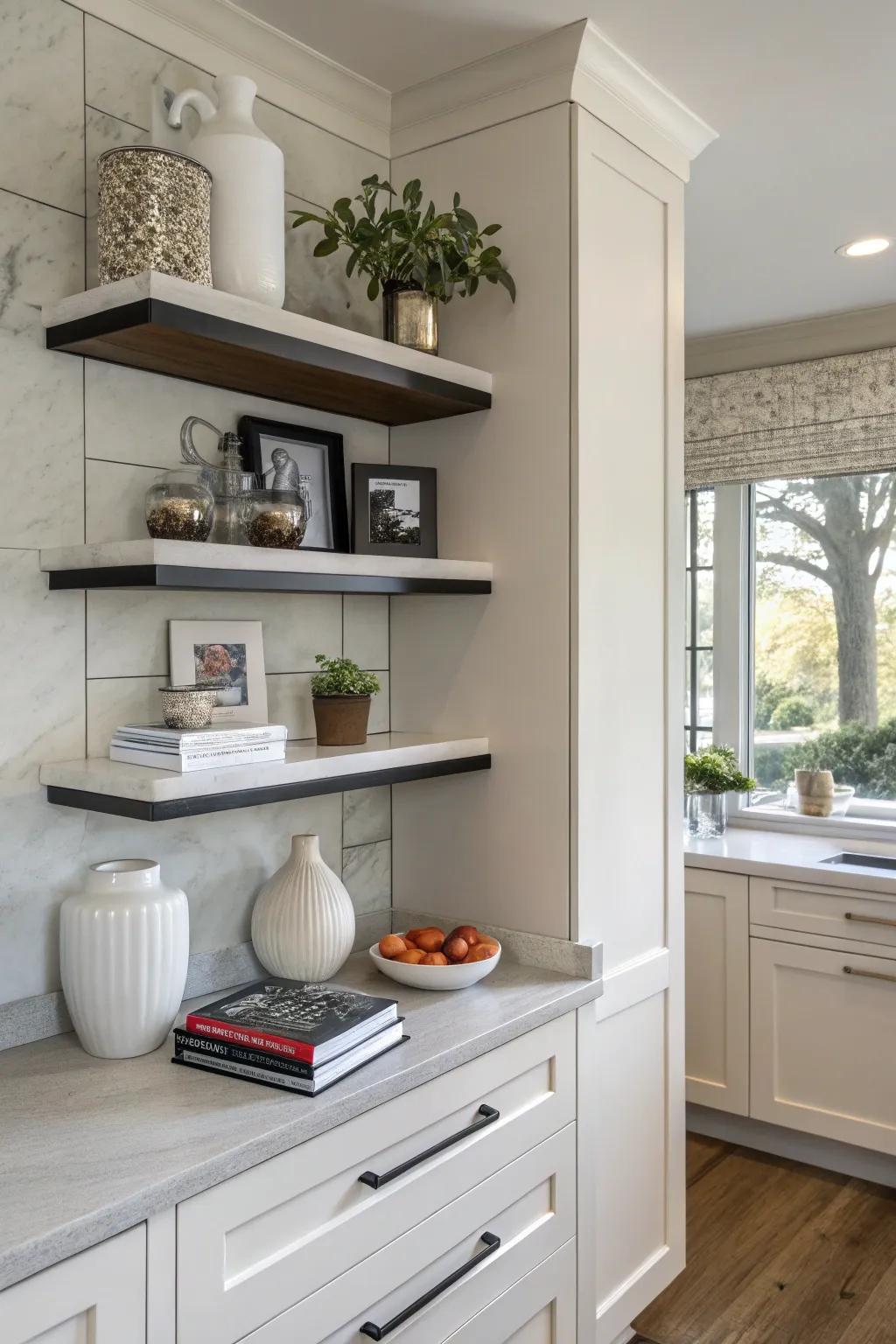 Floating ledges offer a contemporary and fashionable storage option.
