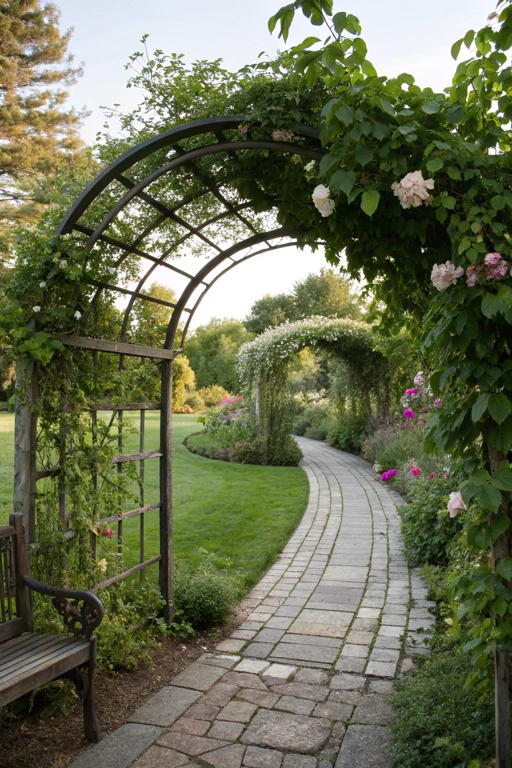 An inviting garden entrance featuring a trellis arch.
