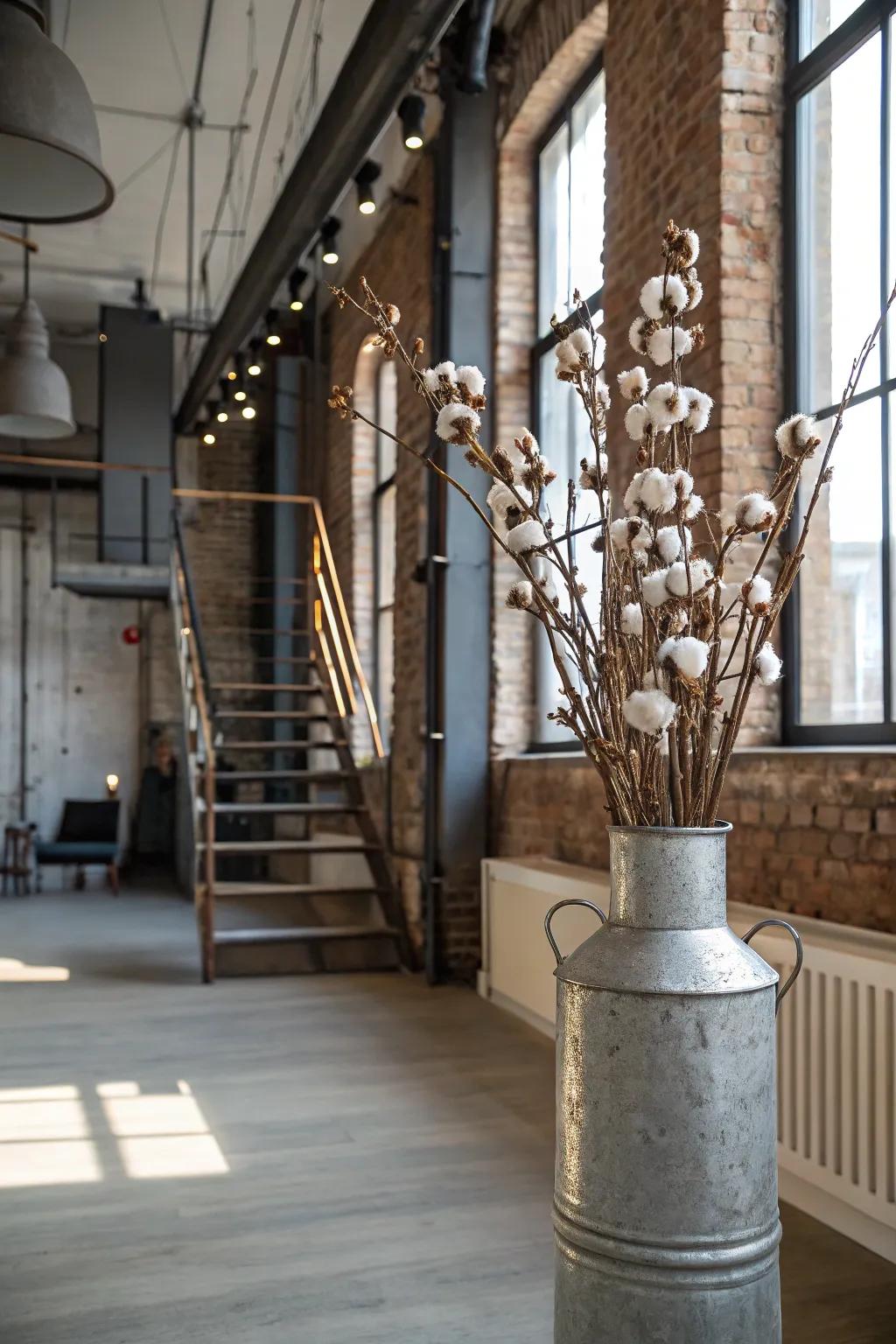 An industrial edge highlighted with metal and cotton stems.