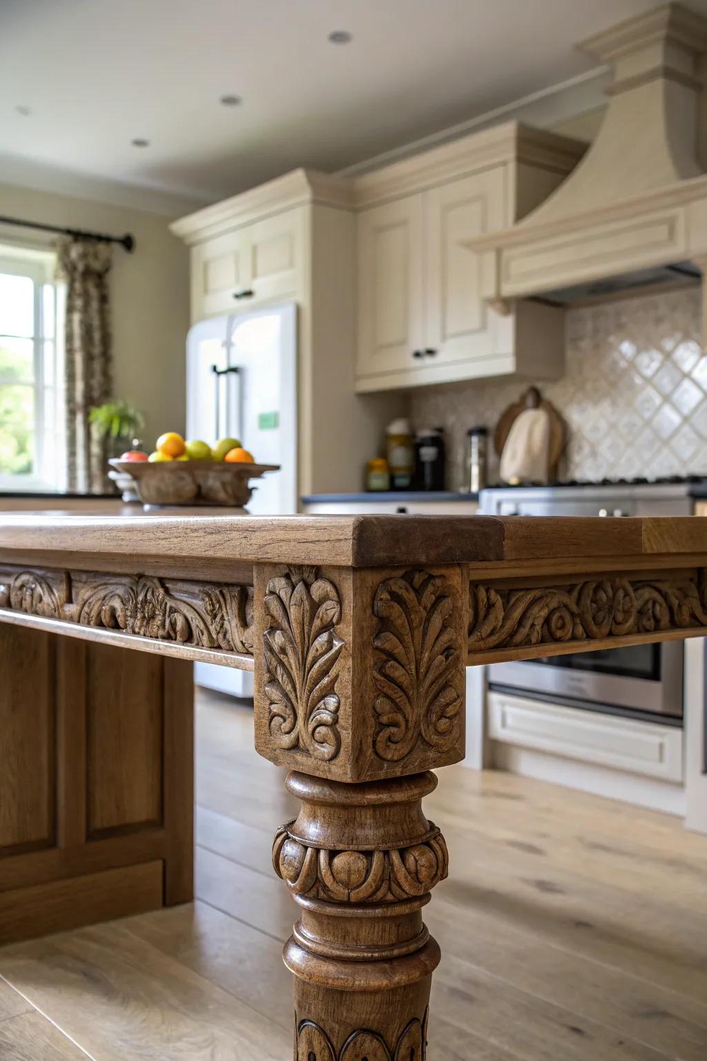 Elaborate custom carvings on end treatments for a personalized element.