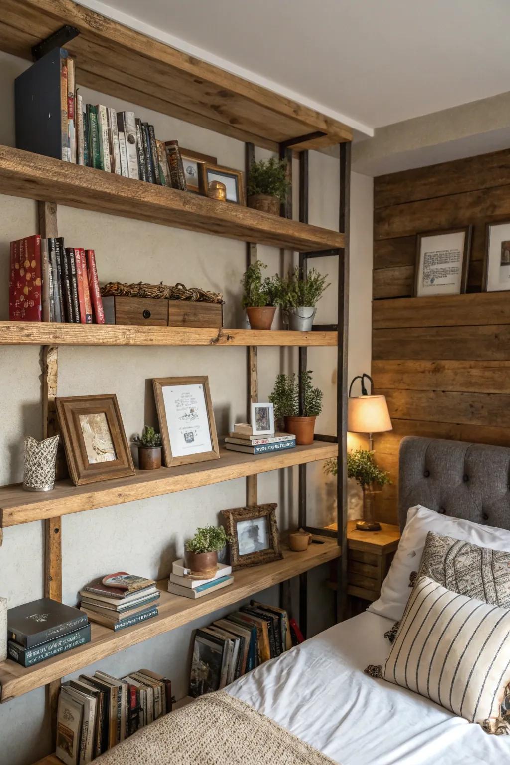 Rustic shelving offers both storage and style.